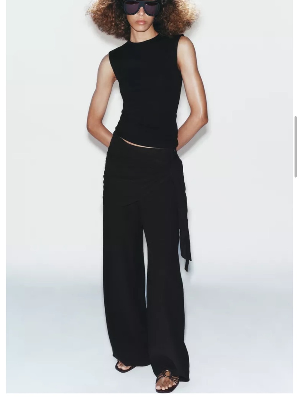 Zara Black Wide-Leg Wrap Pants with Side Scarf Size Medium